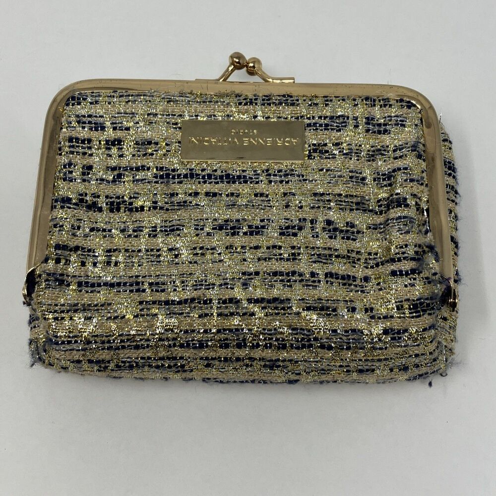 Adrienne Vittadini Kiss Lock Coin Purse Fabric Cream Blue Gold Metallic